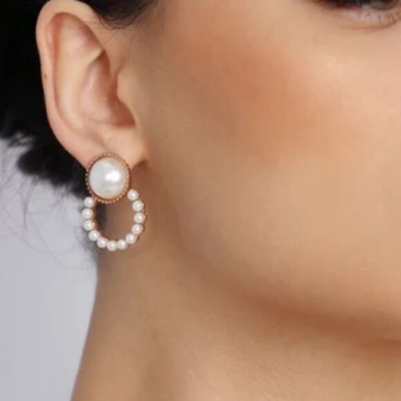 Gold white pearl earrings dainty casual or formal hoop stud small 💖2/$30 - Picture 12 of 14